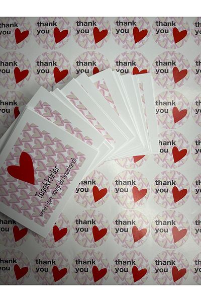 zeinapp Hearted Thank You Card and Thank You Sticker Set Thank You Packaging Material 15+15 Pieces