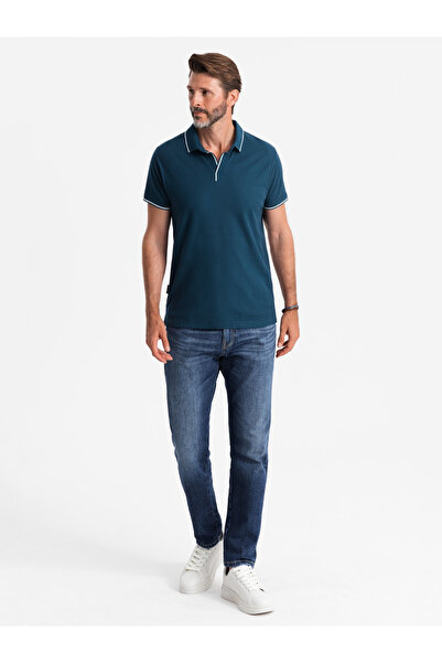 OMBRE Pánská piké pletená polokošile bez knoflíků - tmavě modrá V3 OM-POSS-0110 M