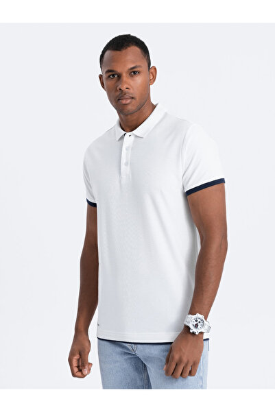 OMBRE Men's cotton polo shirt with contrast trim - white V1 OM-POSS-0113 L