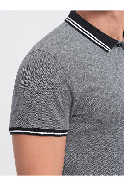 OMBRE Pánská melanžová polokošile s pruhovaným límečkem - černá V1 OM-POSS-0109 XL