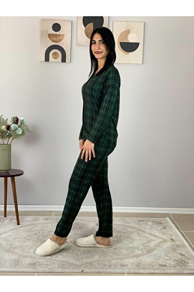 YusGos Women's Plaid Patterned Suede Buttoned Pajamas Set (Green)