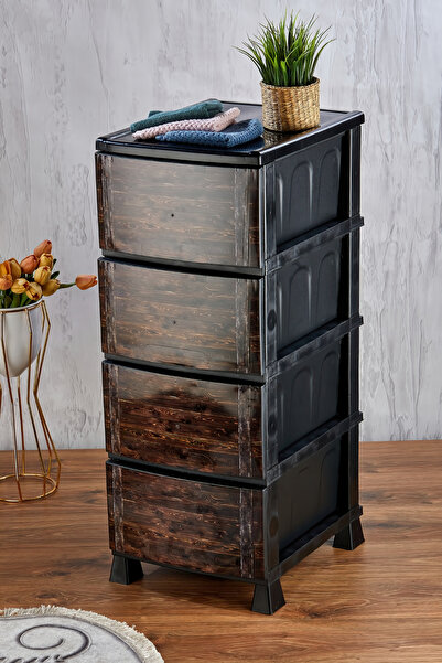 Homie 4 Katlı Çekmeceli Baskılı Ahşap Desenli Kapaklı Plastik Komidin - Sebze...