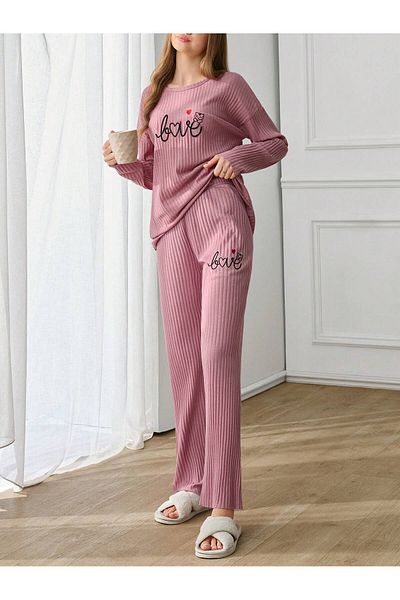 VG BOND MODA Women's Ribbed Love Long Sleeve Embroidered Pajamas Set - Vg128