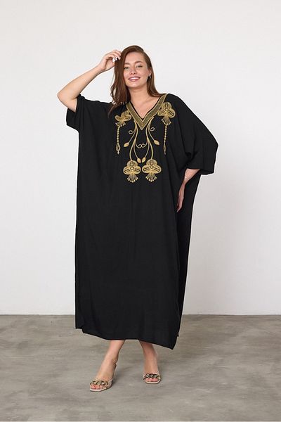 AYASOFYA OTANTIK Women's Black Ethnic Embroidery Detailed Overseize Loose Dress