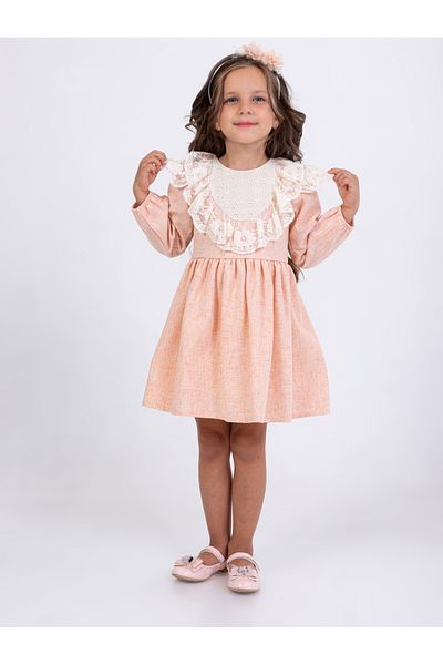 Filizdens Kids Rochie elegantă bej pentru fetiță, cu guler și mâneci din dantelă