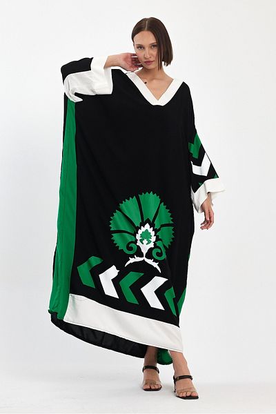AYASOFYA OTANTIK Women's Black V-Neck Print Detail Overseize Loose Dress