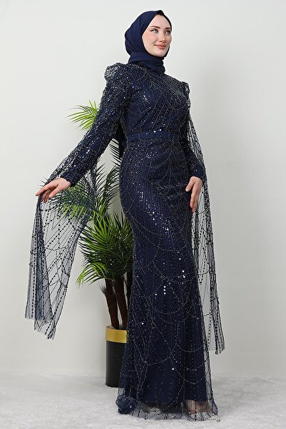 GİYZAMİLA Duru Taşlı Abiye Lacivert