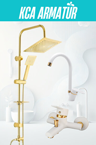 KCA ARMATÜR KCA BEYAZ GOLD ROBOT DUŞ SETİ LAVABO BANYO BATARYASI 3'LÜ SET TAKIM
