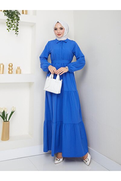 exxitcollection Γυναικείο Hijab Μπλε Μακρύ Κομψό Μοντέρνο Φόρεμα Τερικότον με Κουμπιά Μπροστά και Ζώνη