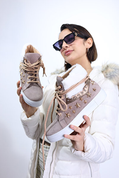 ELİT SHOES Louve Doğal Deri Materyal Kauçuk Taban Vizon Beyaz Kadın Bot I030