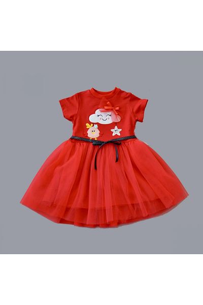 Ecenaz 1-2-3 Years Old Tulle Buckle Cloud Chick And Star Embroidered Baby Girl Dress Red