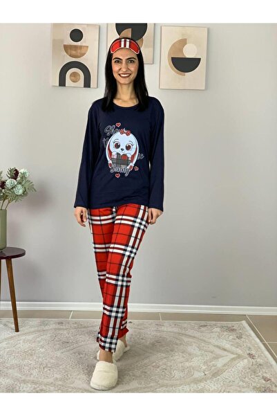 YusGos Women's Plaid Pattern Sleep Band Pajamas Set (Navy-Red)