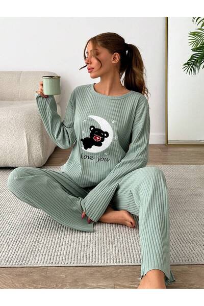 VG BOND MODA Crescent Star Embroidery Detailed Ribbed Double Women's Pajamas ...