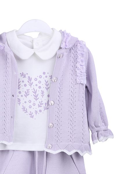 MİMBOKİDS Knitted Detailed 3-Piece Baby Girl Set - Cardigan, Trousers and Embroidered Baby Collar Body