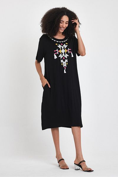 AYASOFYA OTANTIK Women's Black and White Ethnic Embroidery Detailed Short Sleeve Combed Cotton Dress
