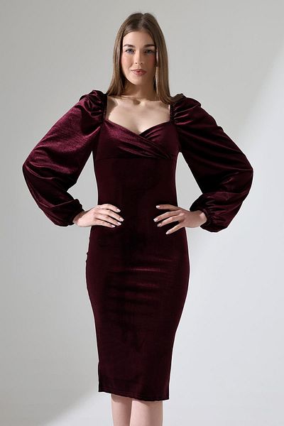 Deafox Rochie din țesătură din catifea, cu mâneci prințesă prune, cu decolteu cu inimă