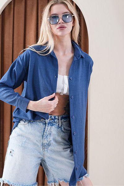 katalya Cămașă casual de bază oversize pentru femei -Albastru KAT2036