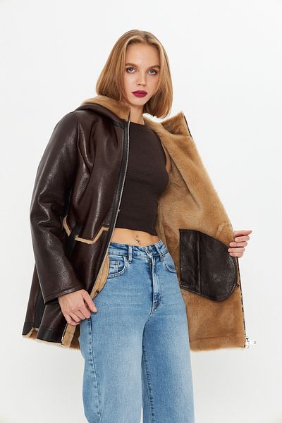 By Marki Marki Brown Genuine Leather Coat - Fur, Hood, Oversize, Zipper, 80 cm - 109922