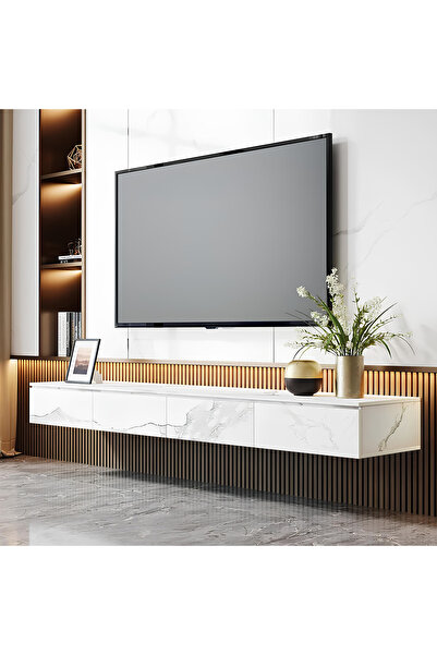 Noveluxe White Marble Beyaz Mermer Görünümlü 240 CM TV Ünitesi - MDF, Mermer ...