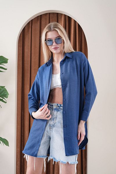 katalya Cămașă casual de bază oversize pentru femei -Albastru KAT2036