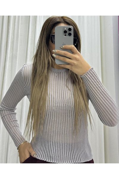 Daves Crew Neck Mesh Sheer Blouse-Gray