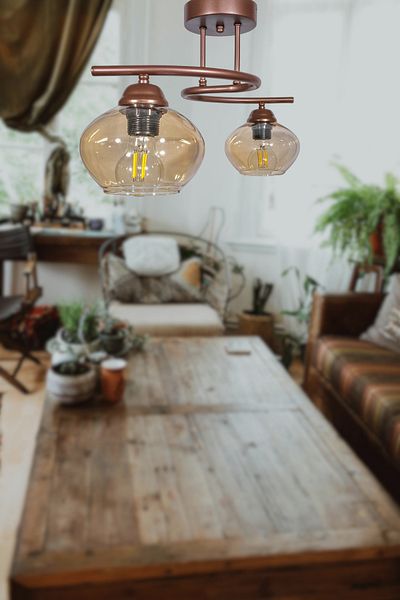 Fer Avize Fuji Modern Decorative Brown Honey Glass Living Room - Kitchen - Bedroom 2-Piece Chandelier