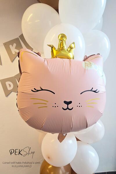 PEKSHOP Gold Taçlı Pembe Kedi Folyo Balon