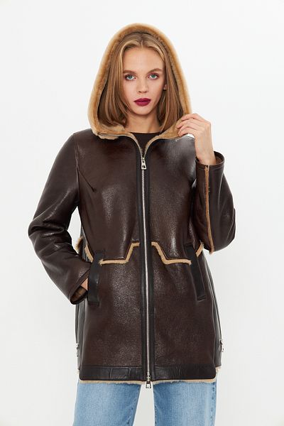 By Marki Marki Brown Genuine Leather Coat - Fur, Hood, Oversize, Zipper, 80 cm - 109922