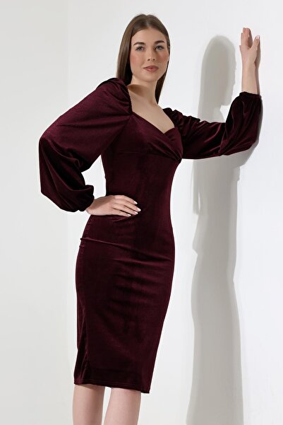 Deafox Φόρεμα από ύφασμα από βελούδινο μανίκι Plum Princess με λεπτομέρεια Sweetheart λαιμόκοψη