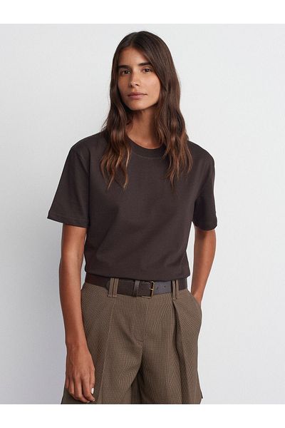 Dilvin 30312 Decorative Stitched Crew Neck Tshirt-Dark Brown
