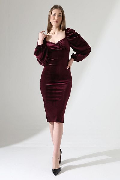 Deafox Rochie din țesătură din catifea, cu mâneci prințesă prune, cu decolteu cu inimă