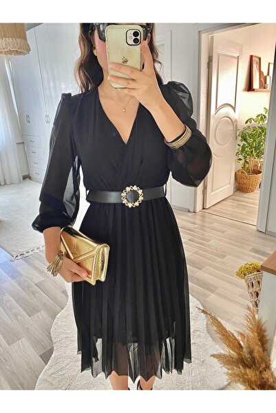 VELİZADE Astarlı Kruvaze Yaka Midi Boy Kloş Çan Model Beli Kemerli Tül Kol Şifon Elbise Abiye Nişan Elbisesi