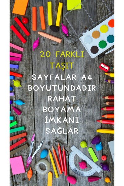 Organik Yolda 20 FARKLI TAŞIT, BÜYÜK BOY, KOLAY BOYAMA SAYFALARI, A4 BOYUT, TAM 10 SAYFA.