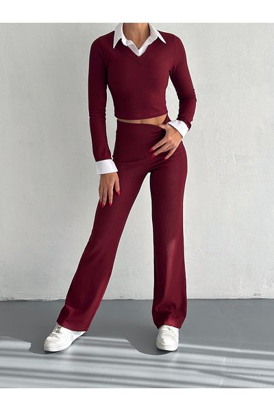 Cistern İstanbul Women's Burgundy Shirt Collar Detailed Bottom Top Set