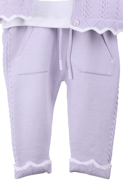 MİMBOKİDS Örgü Detaylı 3'lü Kız Bebek Takımı - Hırka, Pantolon ve Nakışlı Bebe Yaka Body