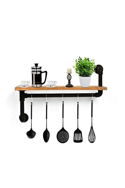 HOMS Industrial style shelf with kitchen hooks Homs 50x12 walnut-black