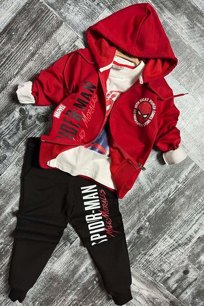 Riccotarz Boy's Spiderman Printed and Text Detailed Hooded Red Jacket Tracksuit Set