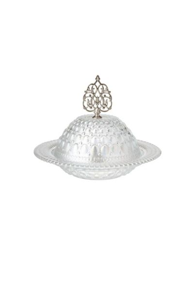 HIC Dates Plate metal silver and golden with glass cover modern design diameter 17.5 cm