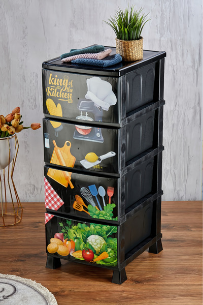 Homie 4 Katlı Çekmeceli Mutfak Desen Baskılı Desenli Kapaklı Plastik Komidin - Sebzelik - Çekmece