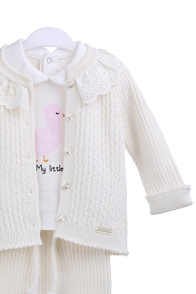 MİMBOKİDS Winter 3-Piece Set for Baby Girl - Cardigan, Trousers and Ruffled Baby Collar Body