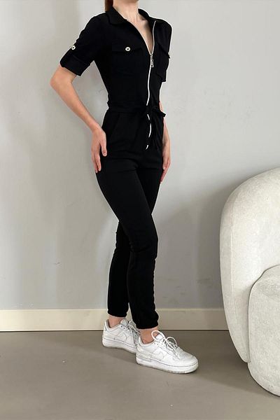 Deafox Black Zipper Pocket Imported Crepe Fabric Jumpsuit
