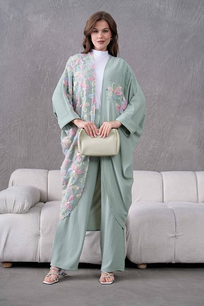Miss Allos Women's Front Tulle Floral Embroidered Stone Detailed Linen Kimono and Pants Bottom Top Set