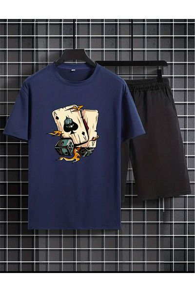 Medinenur Tricou cu imprimeu cu zaruri, scurt, picior lat, potrivire confortabilă, fund negru, top negru, set scurt