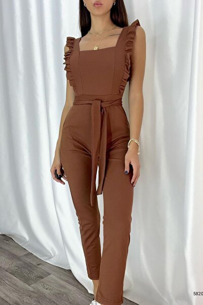Deafox Brown Imported Crepe Fabric Collar Ruffle Jumpsuit