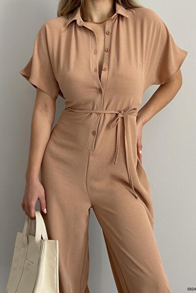 Deafox Camel Shirt Collar Buttoned Aerobin Fabric Jumpsuit