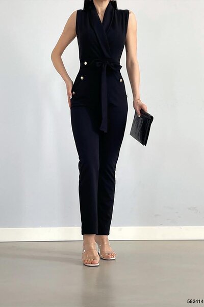 Deafox Salopetă din crepon cu nasturi aurii negru