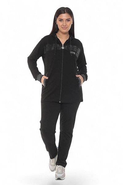 Posh Chic Plus Size Black Jewelled Hooded Tracksuit Set
