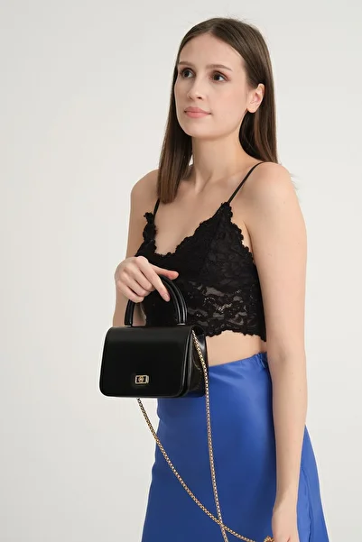 H&D COLLECTİON Women's Black Shiny Chain Strap Shoulder Bag