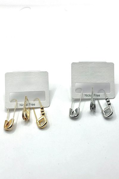 DEMOKAN Women's Earrings Imported Special Series 3-Piece Flat Zircon Stone Topcuk Detail Hook Needle Model Tarnish-Free Earrings