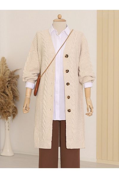 Modamorfo Buttoned Thick Knitted Cardigan with Hair Braid Detail